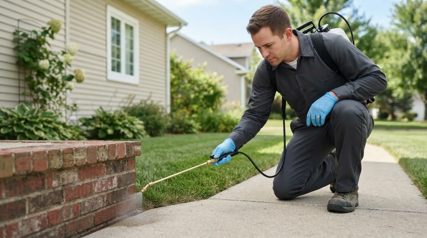Pest control technician treating a home near Angleton, TX