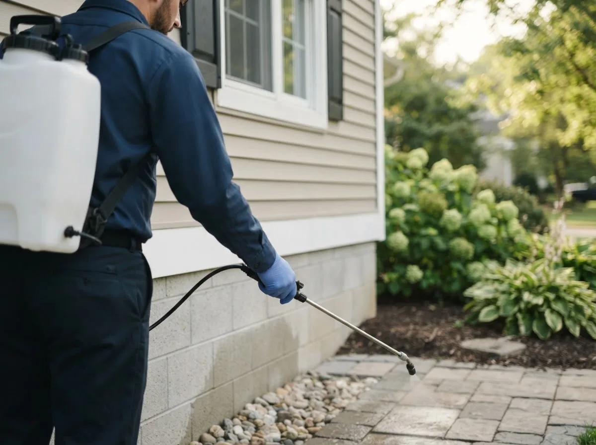 Pest control technician inspecting a home in Angleton, TX